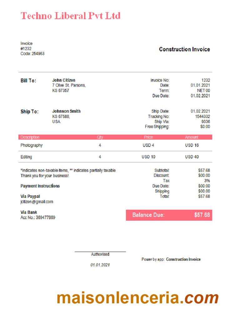 USA Techno Liberal Pvt Ltd tekst faktury i szablon PDF